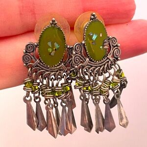 Vintage Green Silver Tone Boho Festival Rave Southwestern Stud Dangle Earrings